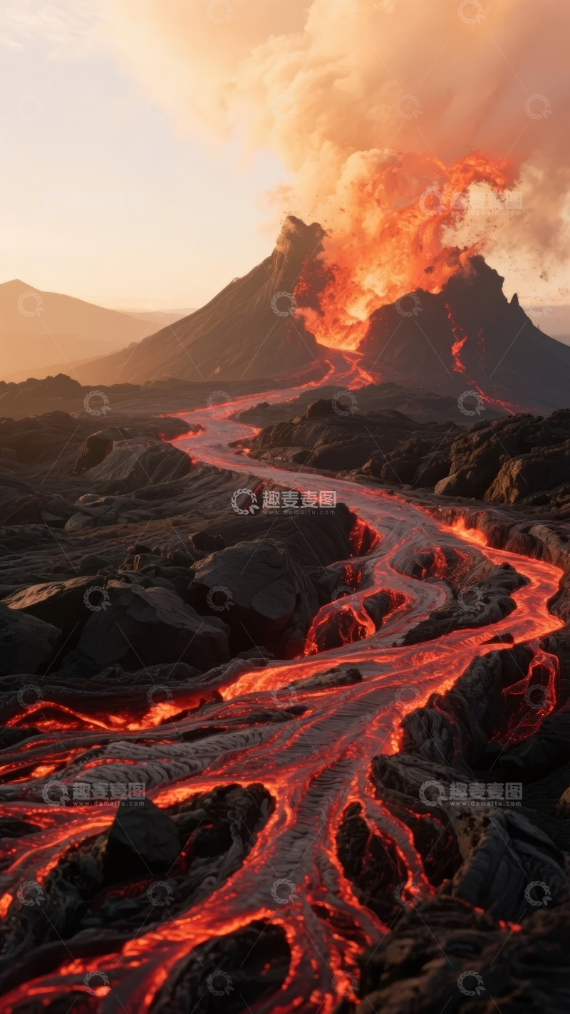 高清大图下载【趣麦麦图】火山喷发熔岩流淌壮观自然景象
