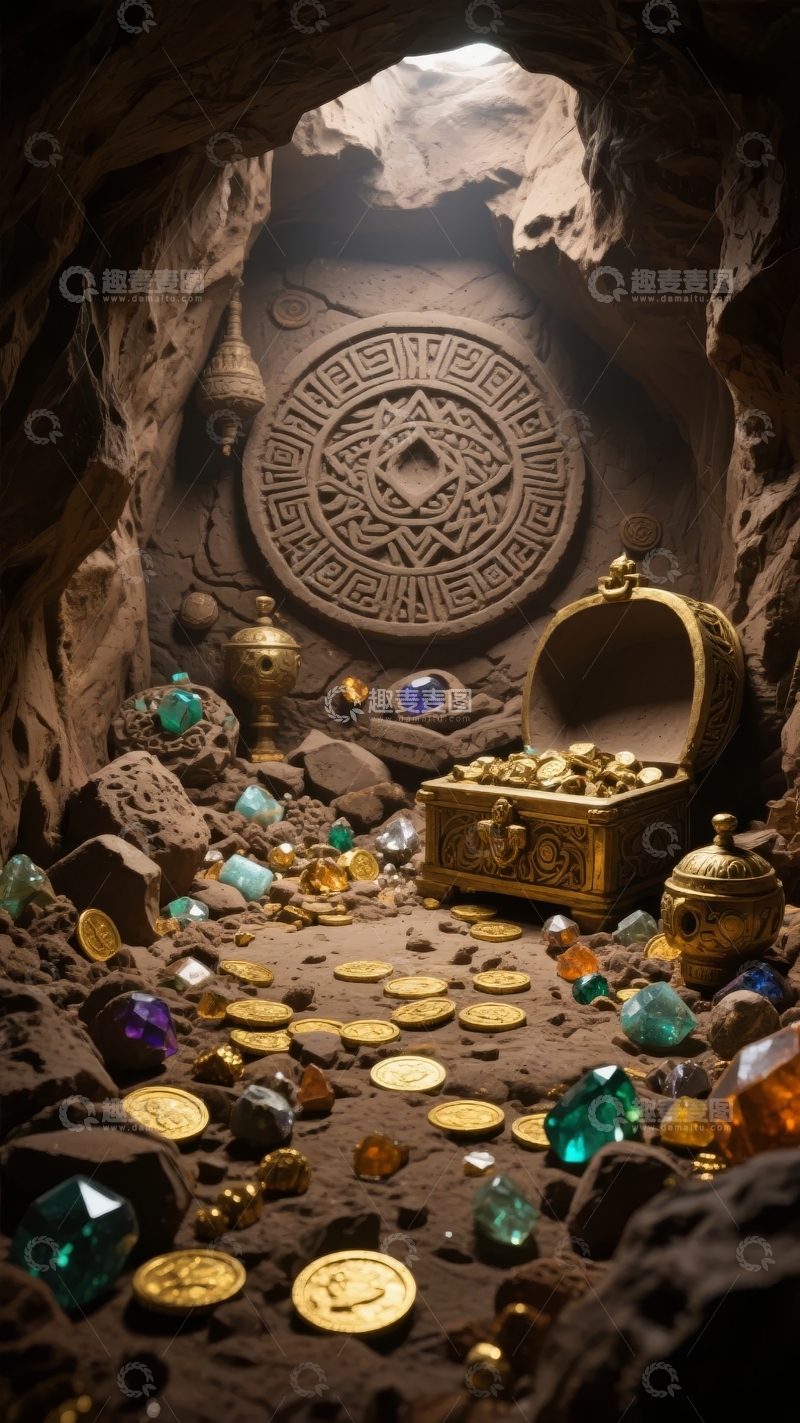 高清大图下载【趣麦麦图】洞穴中藏宝箱与神秘图案的宝藏场景