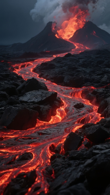 火山喷发岩浆流淌照亮夜空