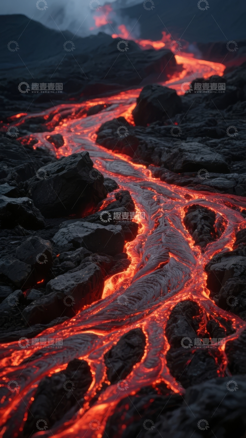 高清大图下载【趣麦麦图】炽热熔岩流蜿蜒穿过黑暗火山岩地貌
