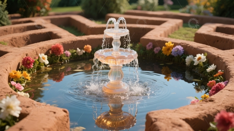 高清大图下载【趣麦麦图】花园中喷泉与花卉环绕的宁静水景