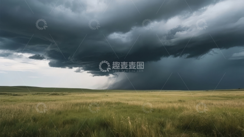 乌云密布的天空下草原上的暴风雨景象