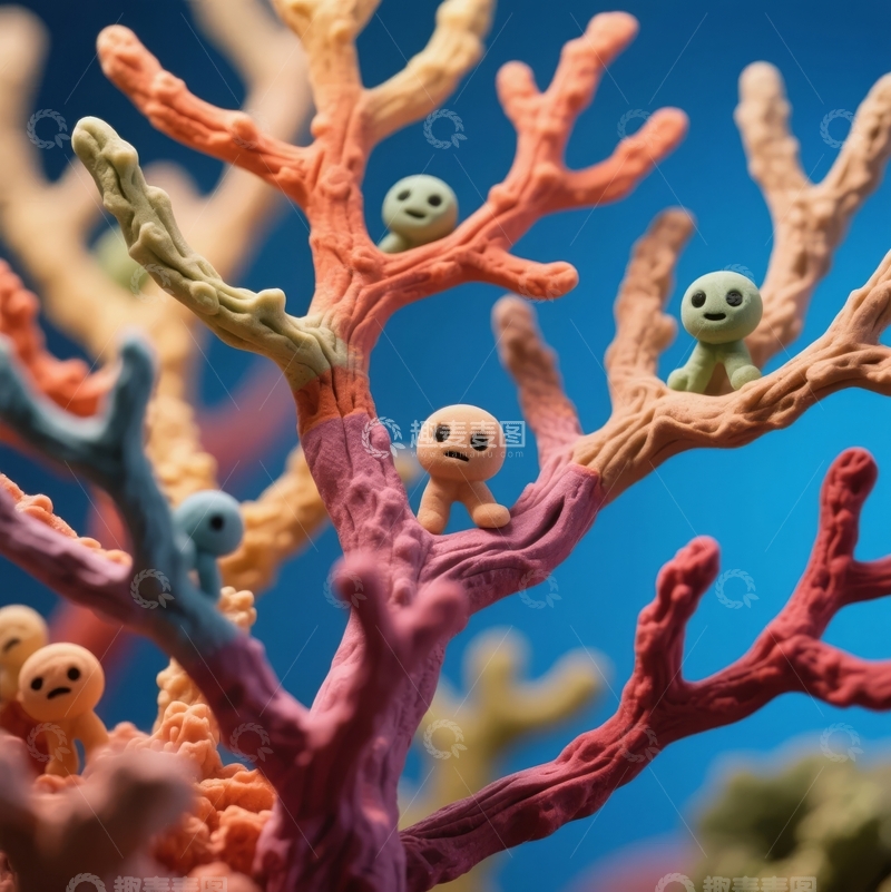 高清大图下载【趣麦麦图】多彩珊瑚枝上可爱的卡通小人