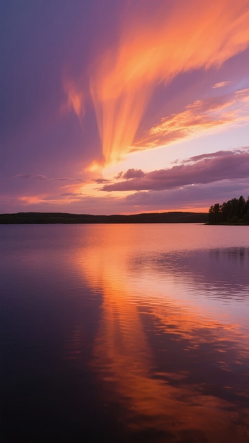 日落时分湖面平静云彩绚丽多彩