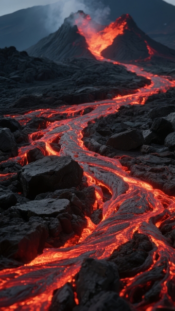 火山喷发岩浆流淌于崎岖山地