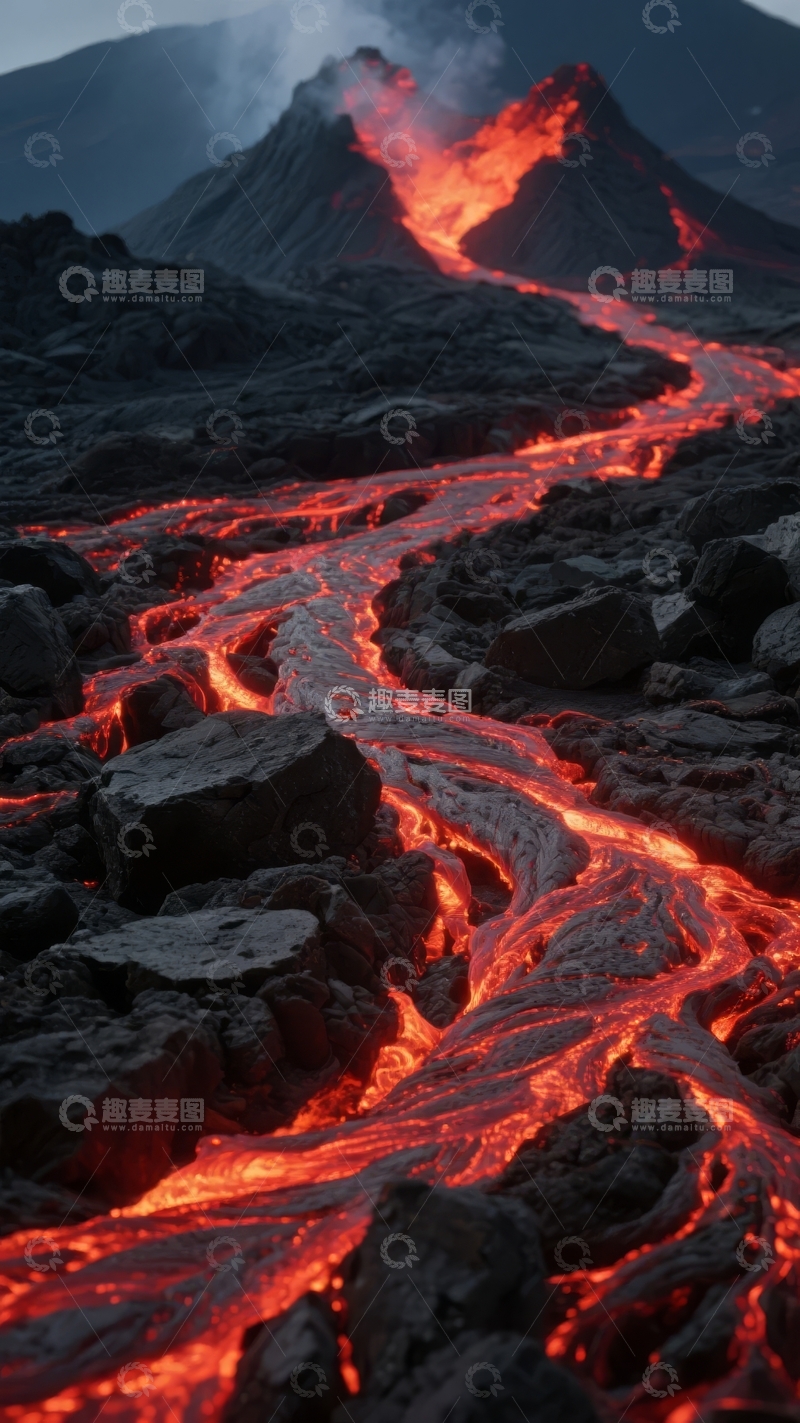 高清大图下载【趣麦麦图】火山喷发岩浆流淌于崎岖山地