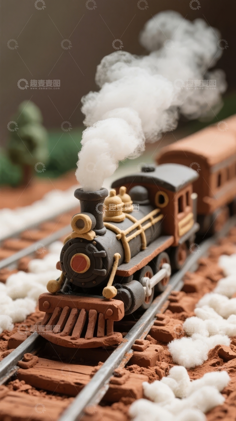 高清大图下载【趣麦麦图】蒸汽火车模型在轨道上冒着白烟