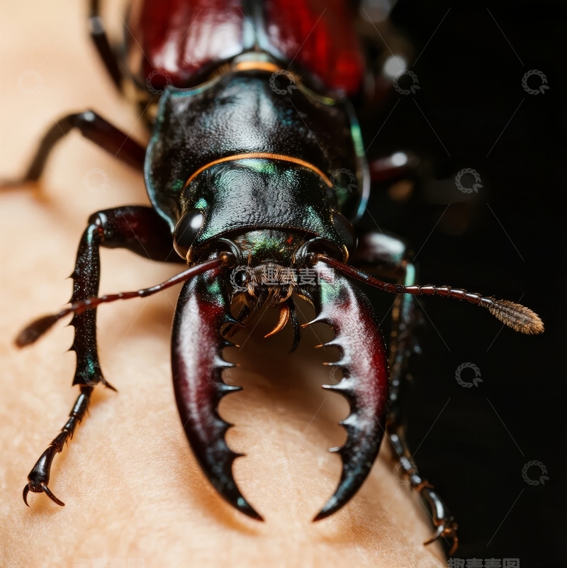 高清大图下载【趣麦麦图】一只色彩斑斓的锹甲虫停在皮肤上的特写镜头