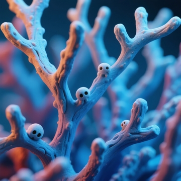 珊瑚枝上点缀着骷髅图案的奇幻艺术画面