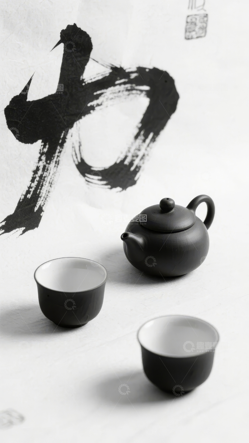 高清大图下载【趣麦麦图】-水墨书法旁的紫砂壶与茶杯静物摄影