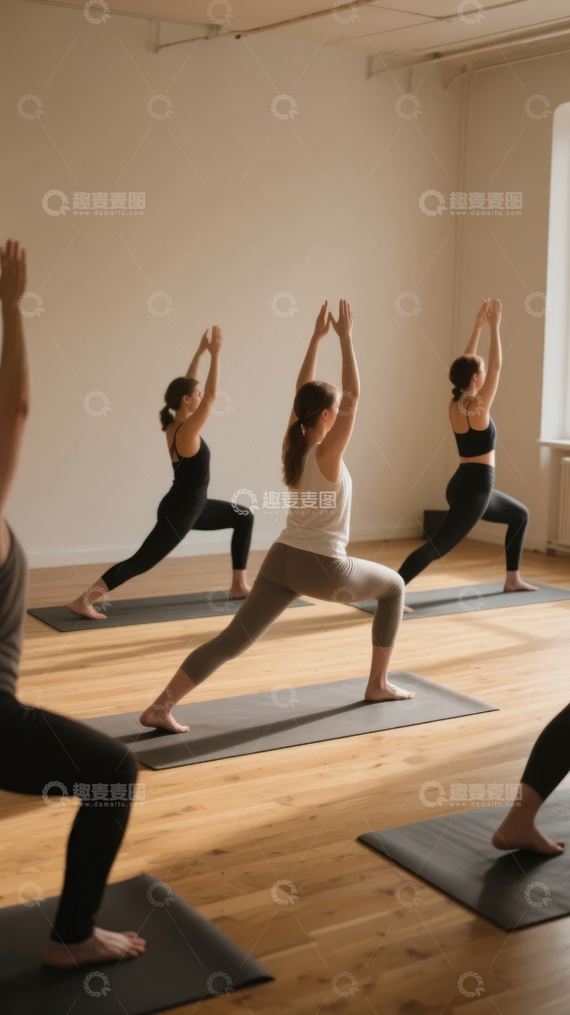 高清大图下载【趣麦麦图】多人在明亮瑜伽室内练习战士式瑜伽