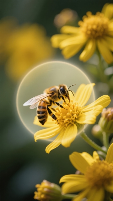 蜜蜂在黄色花朵上采集花蜜