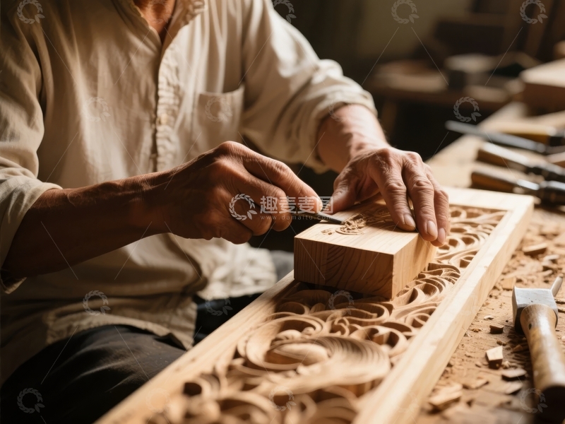 高清大图下载【趣麦麦图】工匠专注雕刻木制品细节展现精湛技艺