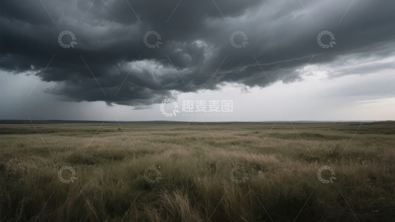 乌云密布的天空下广阔的草地景观