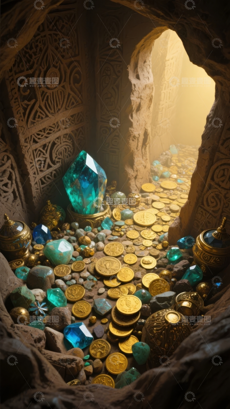 高清大图下载【趣麦麦图】神秘洞穴内堆满宝石与金币的宝藏场景