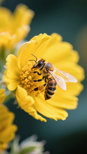 蜜蜂在黄色花朵上采集花蜜的特写