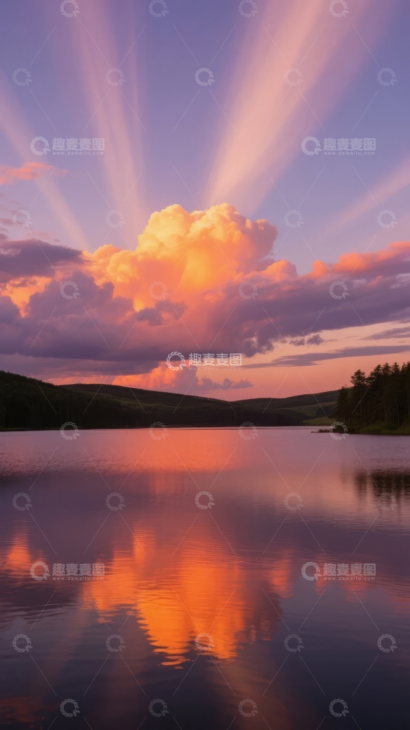高清大图下载【趣麦麦图】日落时分湖面倒映云彩与光芒的宁静景象