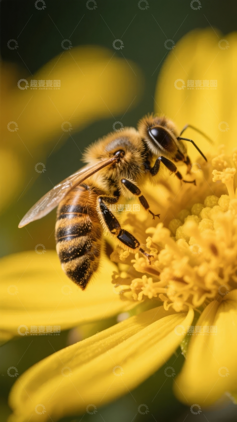 高清大图下载【趣麦麦图】蜜蜂在黄色花朵上采集花蜜的特写镜头