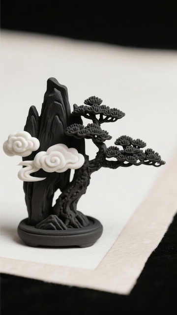 黑白色调的微型盆景雕塑展现山石与云雾