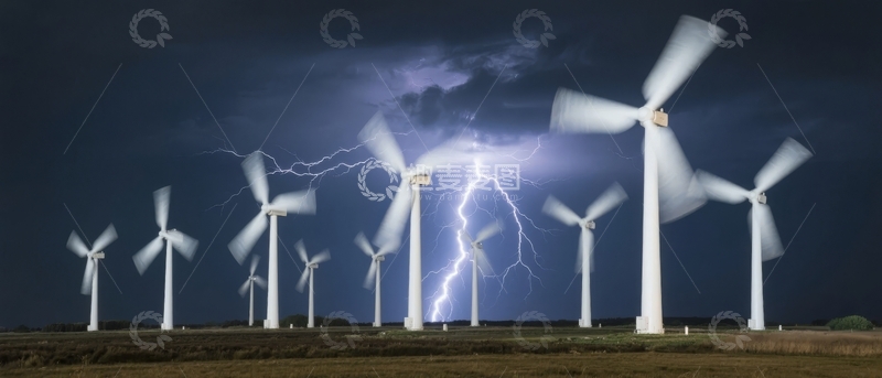 高清大图下载【趣麦麦图】雷电交加的风力发电场壮观景象