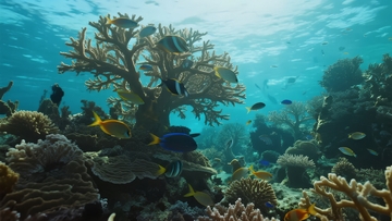 色彩斑斓的珊瑚礁中游弋着各种热带鱼