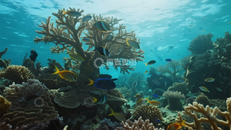 高清大图下载【趣麦麦图】色彩斑斓的珊瑚礁中游弋着各种热带鱼