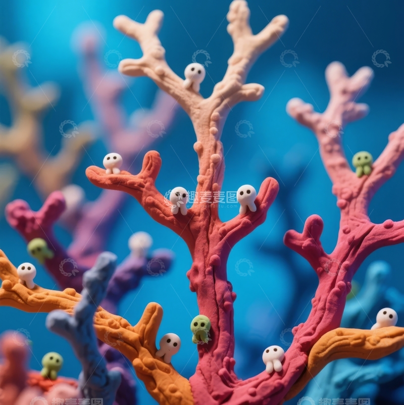 高清大图下载【趣麦麦图】多彩珊瑚枝上栖息着可爱小生物的梦幻场景