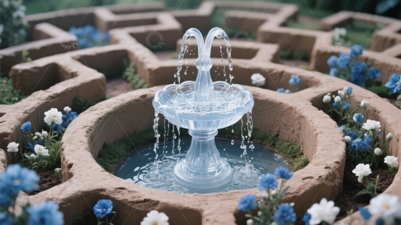 高清大图下载【趣麦麦图】花园中石砌喷泉流水潺潺周围花团锦簇