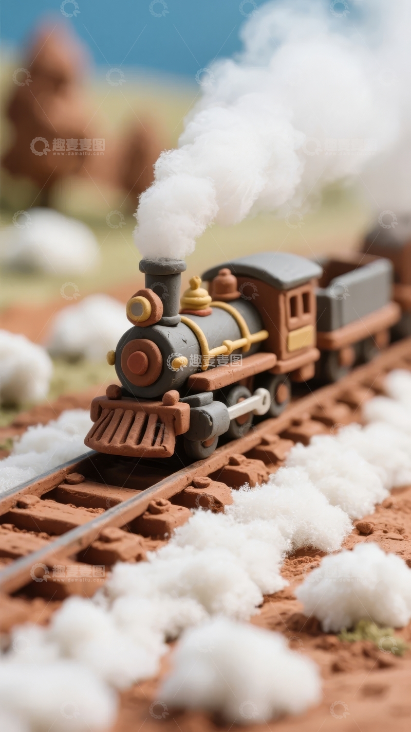 高清大图下载【趣麦麦图】蒸汽火车模型在轨道上行驶喷出白色烟雾