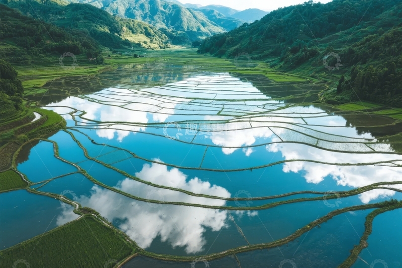 高清大图下载【趣麦麦图】-梯田水镜映蓝天白云山峦环绕自然美景