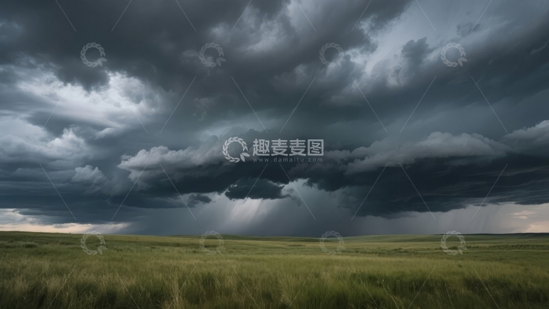 乌云密布的天空下广阔的绿色草原