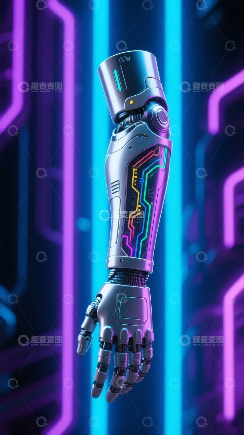高清大图下载【趣麦麦图】未来科技风格机械手臂在霓虹灯光背景中