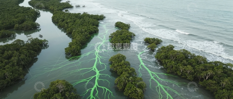 高清大图下载【趣麦麦图】空中俯瞰红树林与潮汐水道交织的自然景观