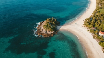 热带海滩与碧海环绕的小岛航拍景象