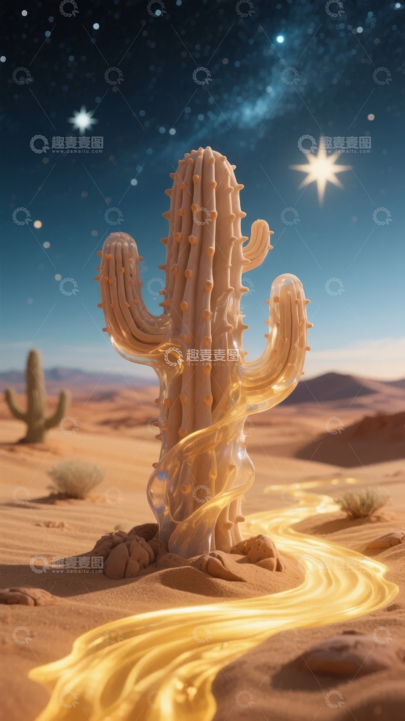 高清大图下载【趣麦麦图】沙漠夜空下的发光仙人掌景观