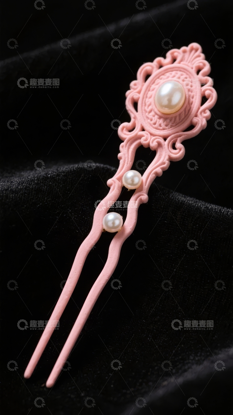 高清大图下载【趣麦麦图】粉色复古风格发簪点缀珍珠装饰