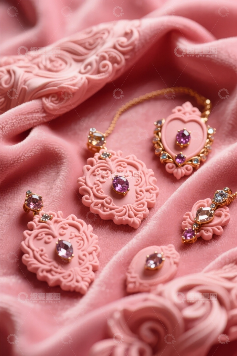 高清大图下载【趣麦麦图】粉色蕾丝背景上的精致紫色宝石耳环与项链