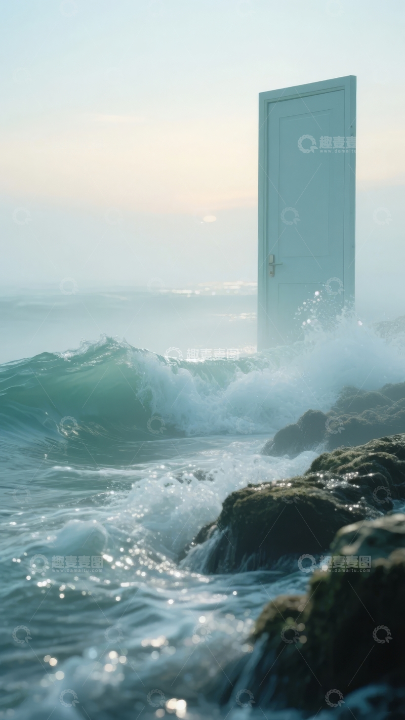 高清大图下载【趣麦麦图】海边巨浪拍打岩石中矗立的白色门