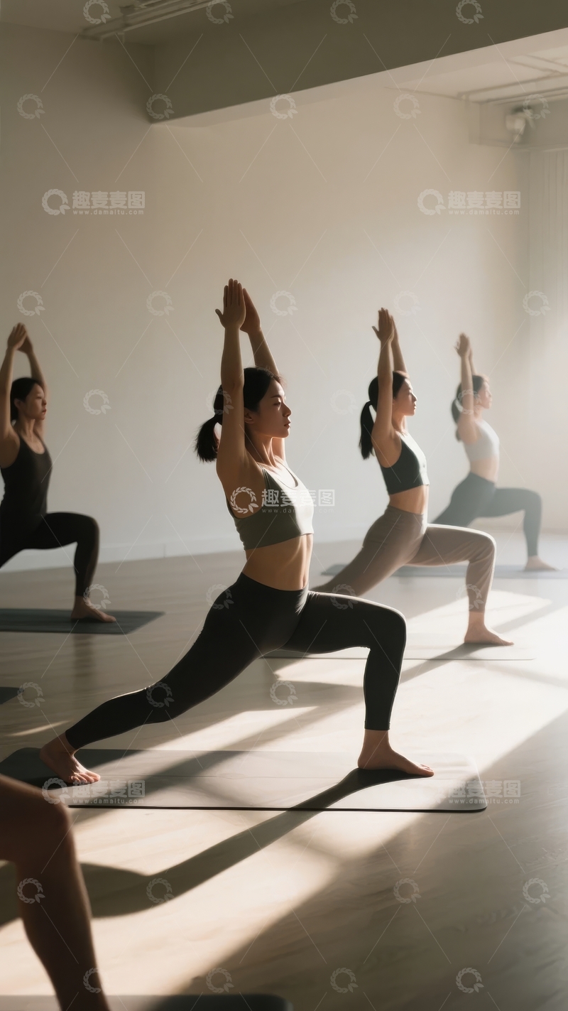 高清大图下载【趣麦麦图】五位女性在明亮瑜伽室内同步练习瑜伽