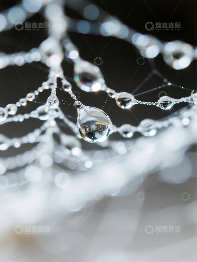 高清大图下载【趣麦麦图】清晨露珠点缀精致蜘蛛网的微距特写