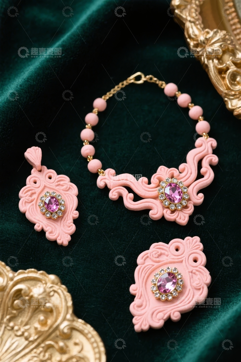 高清大图下载【趣麦麦图】粉色华丽珠宝套装展示于深绿绒布之上