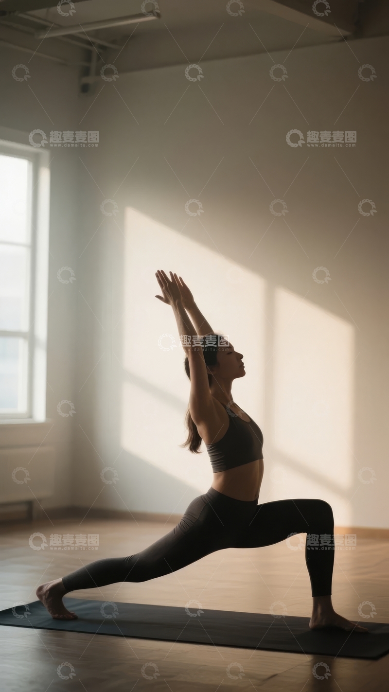 高清大图下载【趣麦麦图】女子在明亮室内进行瑜伽战士二式练习