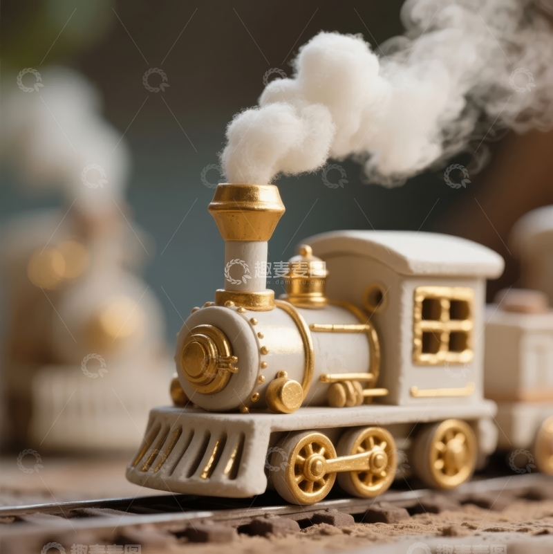 高清大图下载【趣麦麦图】-白色金色蒸汽火车模型在轨道上冒出白烟