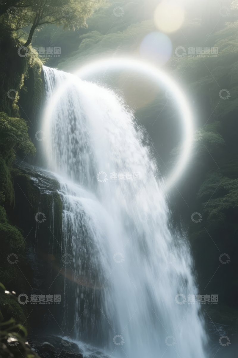 高清大图下载【趣麦麦图】瀑布水流飞溅阳光形成光环自然景观