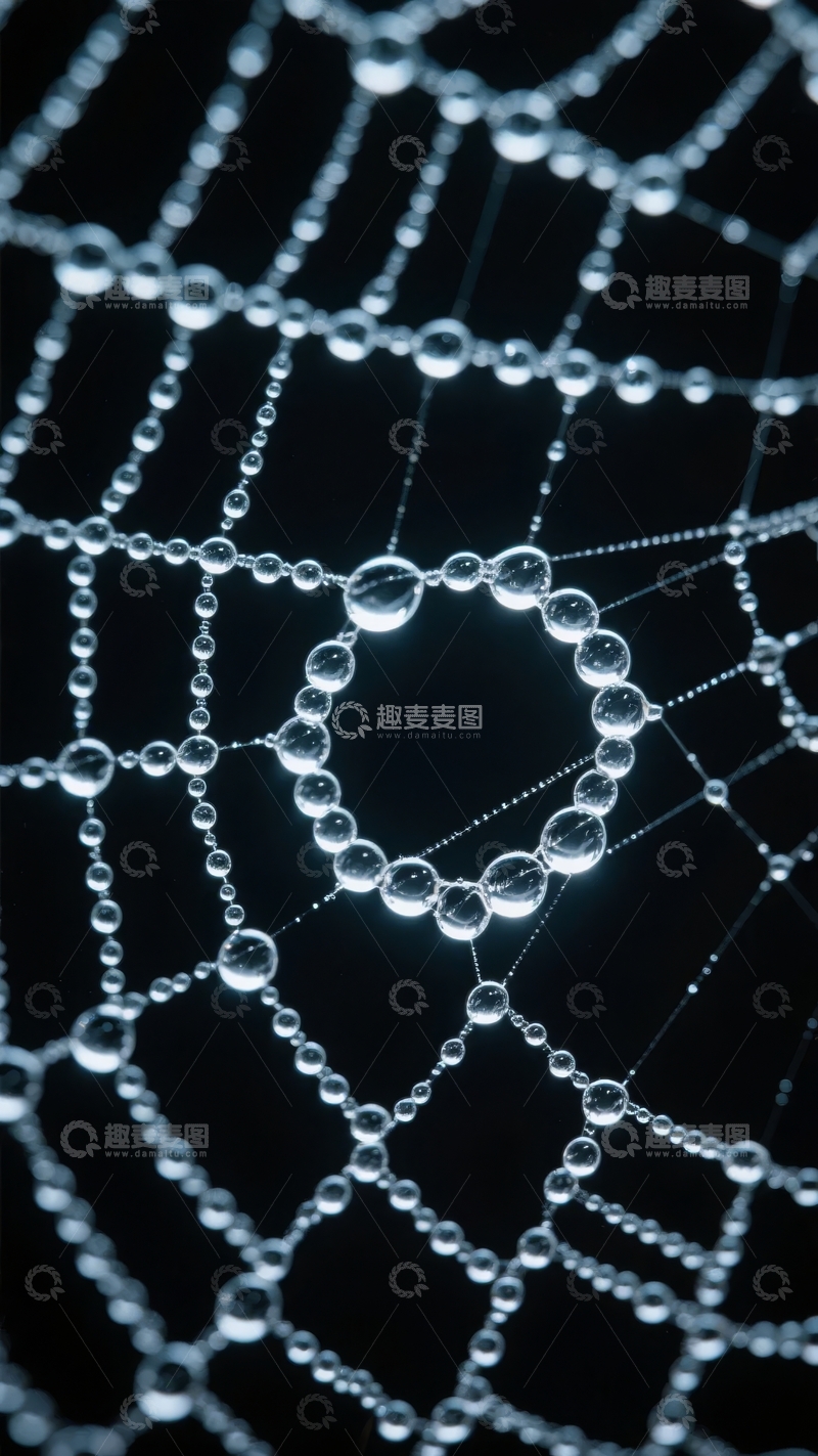 高清大图下载【趣麦麦图】水珠点缀的蛛网在黑暗中闪烁