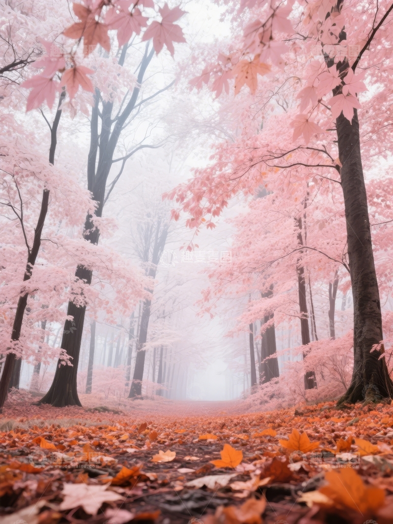 高清大图下载【趣麦麦图】粉色秋叶铺满小径雾气弥漫的梦幻森林