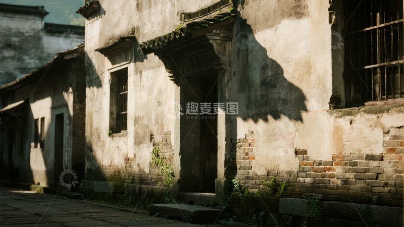 高清大图下载【趣麦麦图】古老建筑墙面光影交错展现历史痕迹