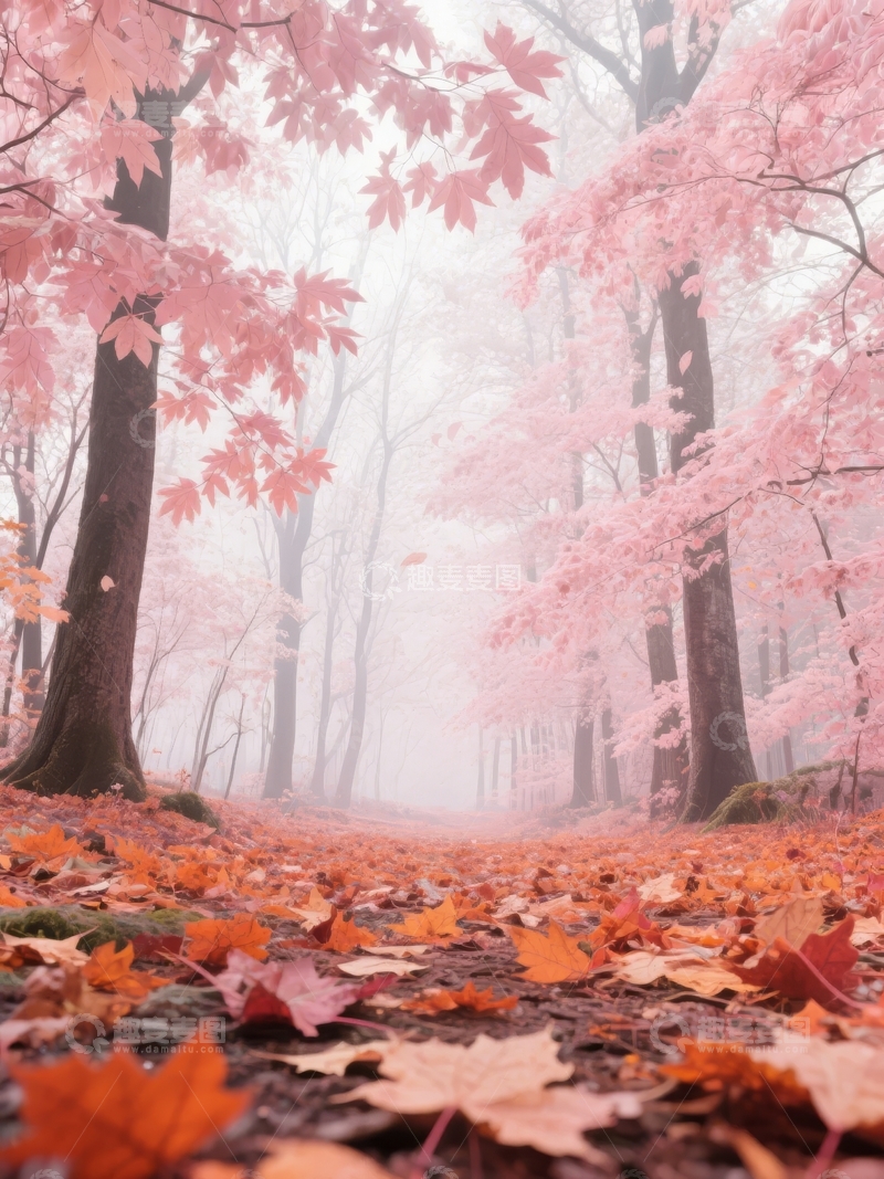 高清大图下载【趣麦麦图】秋日林间小径铺满落叶色彩斑斓
