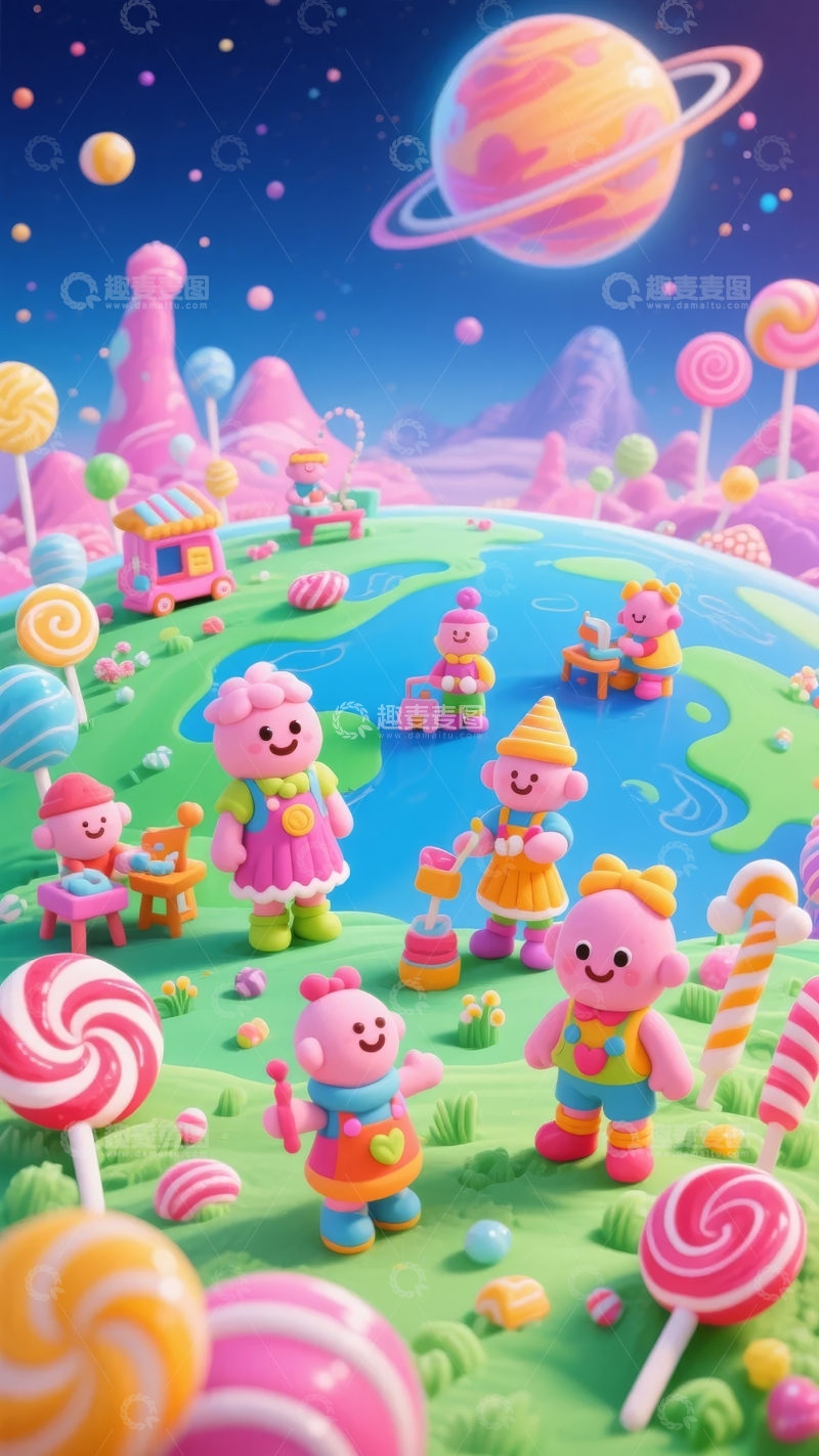 高清大图下载【趣麦麦图】糖果星球上的欢乐派对夜空中有行星和糖果装饰