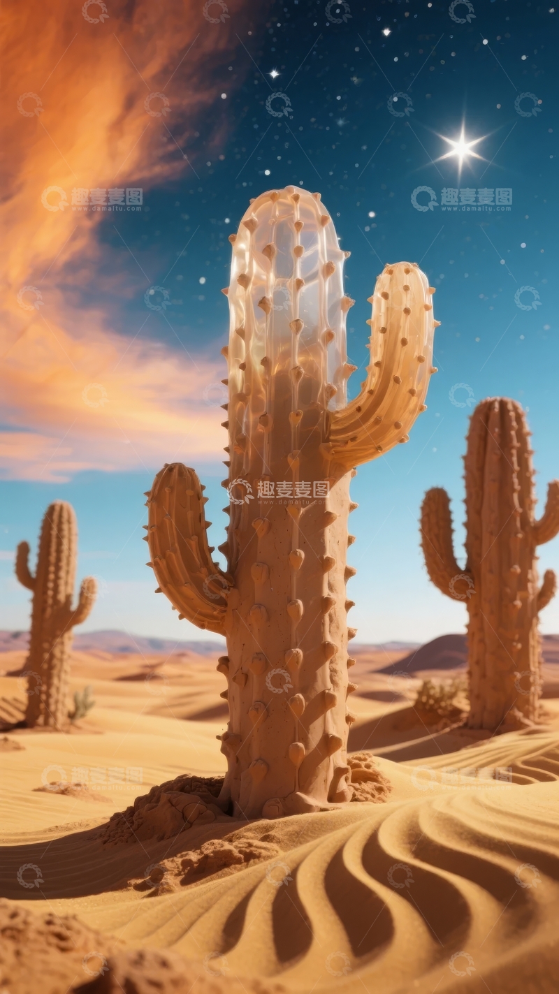 高清大图下载【趣麦麦图】沙漠夜空下的仙人掌景观